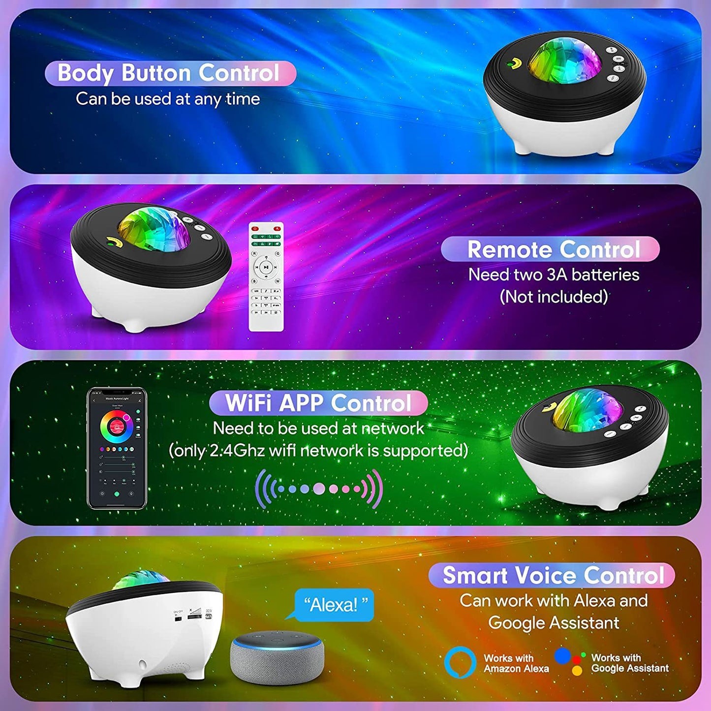 Northern Lights Galaxy Projector Lamp – Bluetooth Music Star Projector with Remote Control & Aurora Effects