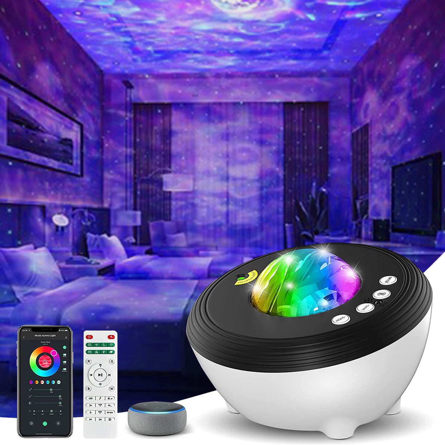 Northern Lights Galaxy Projector Lamp – Bluetooth Music Star Projector with Remote Control & Aurora Effects